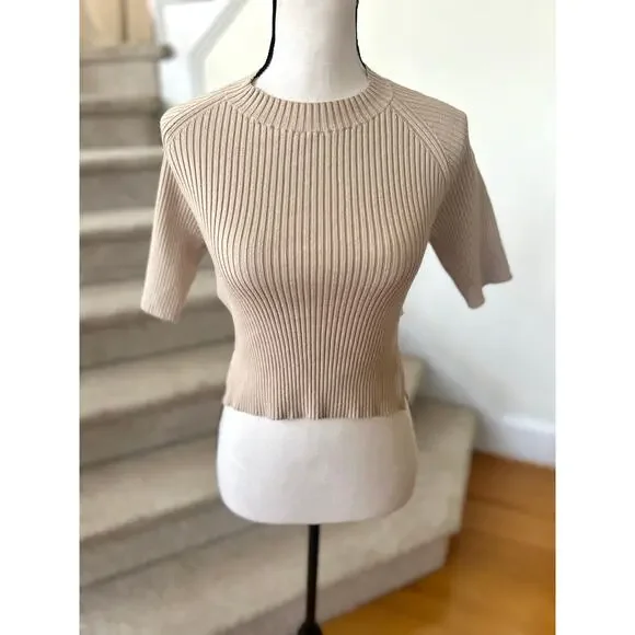 Naadam Tan Beige Ribbed Backless Twist High Neck Crop Top - Picture 2 of 7